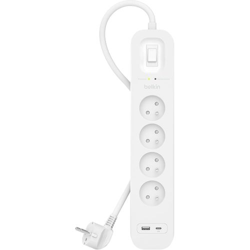 Multiprise Parafoudre Avec Usb 4 Prises (Montage Mural, Cordon D'Alimentation De 2 M, Voyant Lumineux Vert, 1 Port Usb-C Et 1 Port Usb-A, Recharge Rapide Pd, Protection Jusqu'À 525 Joules)