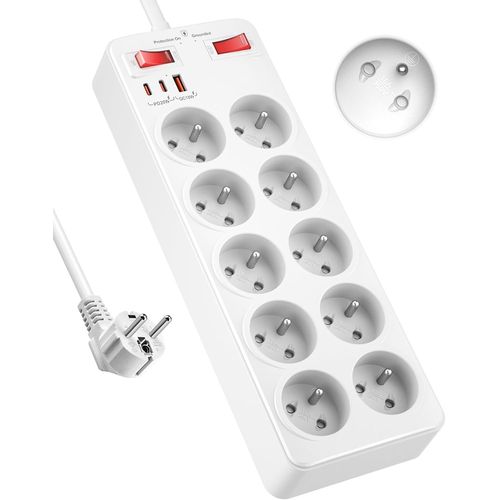 Multiprise 10 Prises,Bloc Multiprise Parafoudre Et Surtension,Multiprise Electrique Avec Interrupteur,Pd 20W Prise Multiple Usb C,Prise Avec Terre 16A 2P+T,Rallonge Multiprise Murale Câble 2 M,Blanc