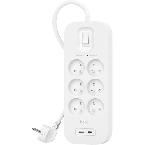 Multiprise Parafoudre Avec Usb 6 Prises (Montage Mural, Cordon D'Alimentation De 2 M, Voyant Lumineux Vert, 1 Port Usb-C Et 1 Port Usb-A, Recharge Rapide Pd, Protection Jusqu'À 650 Joules)