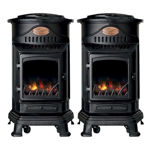 Poêle à gaz fonte 3400W Pack de 2 Noir Effet feu Chauffage d'appoint gaz sur roues Autonomie 60h INTEC