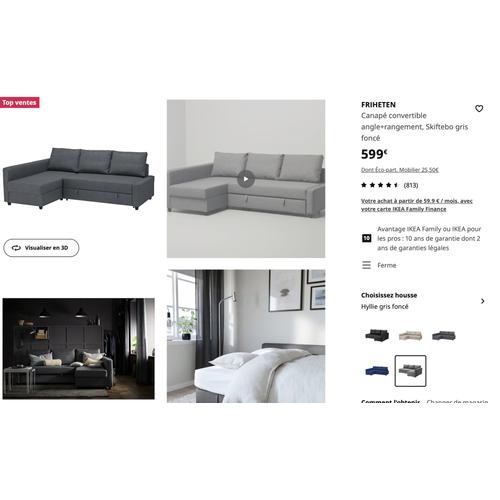 Ikea - Canapé Convertible Angle+Rangement, Gris Foncé Friheten
