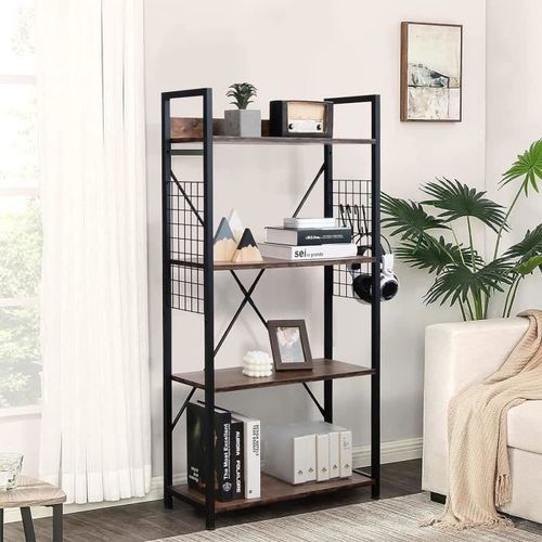 Costway Bibliothèque Industrielle À 4 Niveaux, 64 X 24 X 110 Cm, Étagère De Rangement Avec Crochets/Coussinets De Pied Réglables