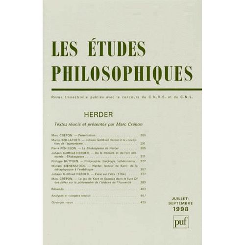 Les Études Philosophiques N° 3, Juillet-Septembre 1998