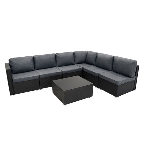 Salon De Jardin En Rotin Noir 7 Pièces Canapé Modulable 5 Places Avec Coussins Table Basse Dessus En Verre Protégé Contre Uv Housses Lavables Extérieur Terrasse Véranda Couverture Imperméable