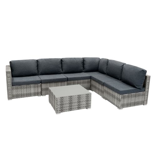 Salon De Jardin En Rotin Gris 7 Pièces Canapé Modulable 5 Places Avec Coussins Table Basse Dessus En Verre Protégé Contre Uv Housses Lavables Extérieur Terrasse Véranda Couverture Imperméable