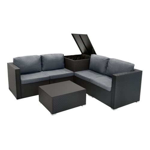 Salon De Jardin En Rotin Noir 6 Pièces Canapé Modulable 4 Places Avec Coussins Table Basse Dessus En Verre Coffre De Rangement 250 L Housses Lavables Extérieur Terrasse Véranda Couverture Imperméable