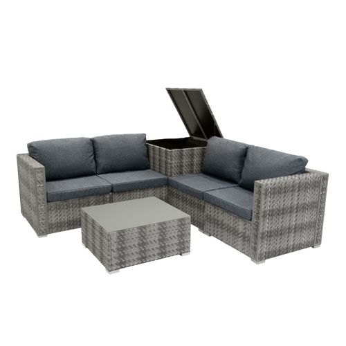 Salon De Jardin En Rotin Gris 6 Pièces Canapé Modulable 4 Places Avec Coussins Table Basse Dessus En Verre Coffre De Rangement 250 L Housses Lavables Extérieur Terrasse Véranda Couverture Imperméable