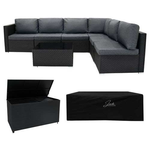 Salon De Jardin En Rotin Noir 7 Pièces & Coffre De Rangement 700 L Canapé Modulable De 5 Places Coussins Table Basse Doublure Couvercle À Vérin À Gaz Roulettes Amovibles [Housse De Pluie Inclus]
