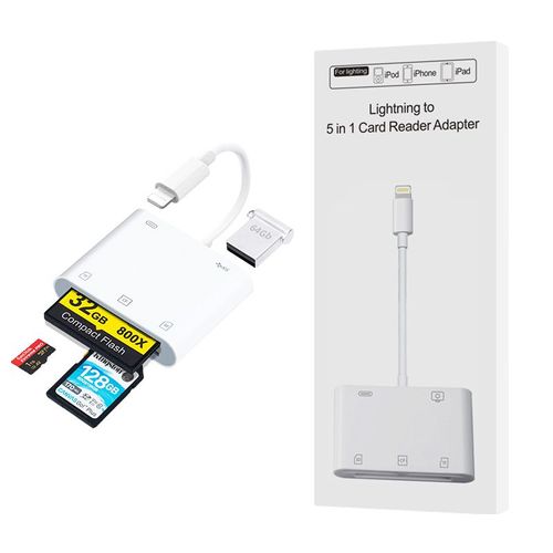 Lecteur de carte Lightning vers SD pour iPhone, adaptateur d'appareil photo USB 5 en 1 USB femelle OTG compatible carte SD/TF/CF, lecteur de carte mémoire portable USB 3.0, adaptateur de carte SD avec