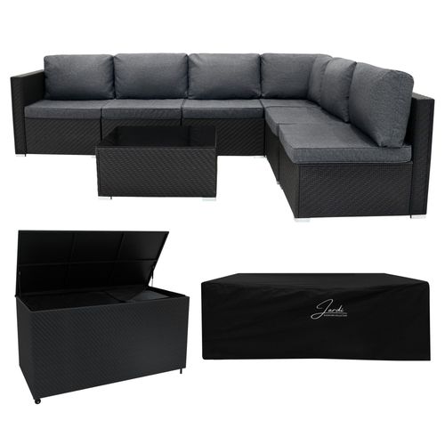 Salon De Jardin En Rotin Noir 7 Pièces & Coffre De Rangement 996 L Canapé Modulable De 5 Places Coussins Table Basse Doublure Couvercle À Vérin À Gaz Roulettes Amovibles [Housse De Pluie Inclus]