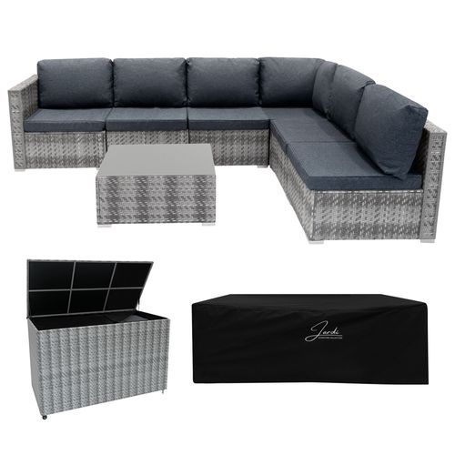 Salon De Jardin En Rotin Gris 7 Pièces & Coffre De Rangement 700 L Canapé Modulable De 5 Places Coussins Table Basse Doublure Couvercle À Vérin À Gaz Roulettes Amovibles [Housse De Pluie Inclus]