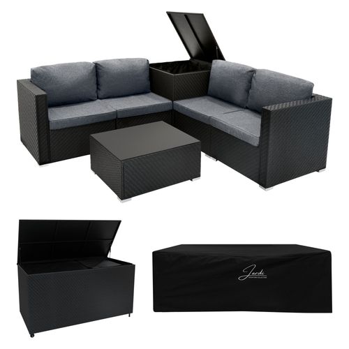 Salon De Jardin En Rotin Noir 6 Pièces & 2 Coffres De Rangement 700 L 250 L Canapé Modulable 4 Places Coussins Table Basse Doublure Couvercle À Vérin À Gaz Roulettes Amovibles [Housse De Pluie Inclus]