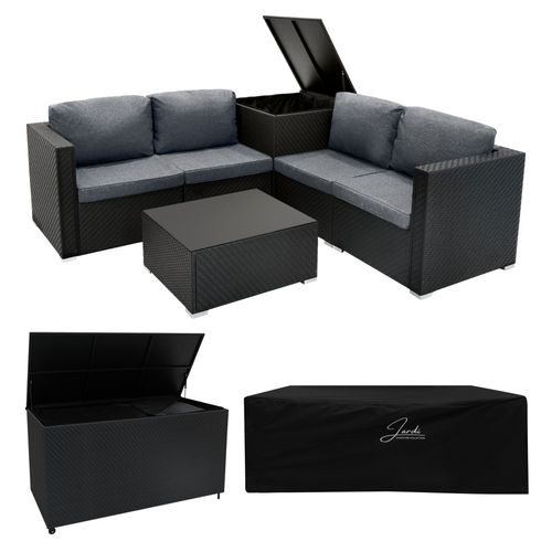Salon De Jardin En Rotin Noir 6 Pièces & 2 Coffres De Rangement 996 L 250 L Canapé Modulable 4 Places Coussins Table Basse Doublure Couvercle À Vérin À Gaz Roulettes Amovibles [Housse De Pluie Inclus]