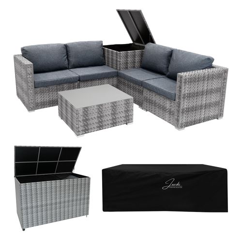 Salon De Jardin En Rotin Gris 6 Pièces & 2 Coffres De Rangement 700 L 250 L Canapé Modulable 4 Places Coussins Table Basse Doublure Couvercle À Vérin À Gaz Roulettes Amovibles [Housse De Pluie Inclus]