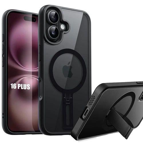 Coque Pour Iphone 16 Plus, Protection Silicone Noir Avec Dos Transparent Pc + Support Magnétique - E.F.Connection