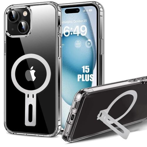 Coque Pour Iphone 15 Plus - Protection Silicone Renforcé Avec Support Magnétique Réglable Argenté - E.F.Connection