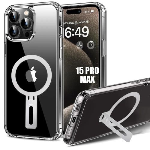 Coque Pour Iphone 15 Pro Max - Protection Silicone Antichoc Transparent Avec Support Magnétique Argenté - E.F.Connection
