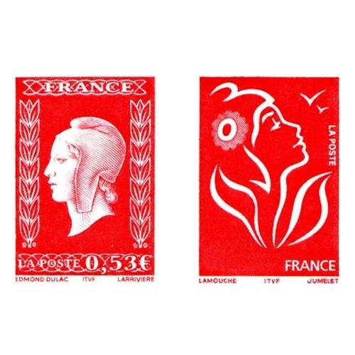 France 2005, Très Belle Paire Attachée Neuve** Luxe Yvert P3841, 60ème Anniversaire De La Marianne De Dulac, Timbres 3841 Marianne 0.50euro Rouge Et 3744a, Marianne De Lamouche Validité Permanente.