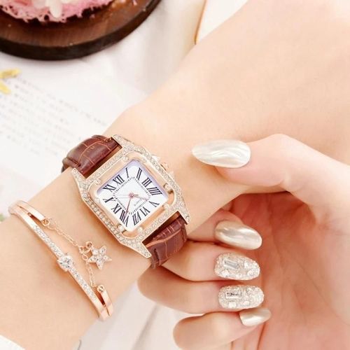 Montre À Quartz À Bracelet Carré Tonneau Pour Femme-Couleur Marron Avec Bracelet