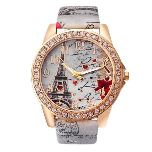 Montre À Quartz Motif Coeur Tour Eiffel Pour Femme-Bracelet En Cuir Gris