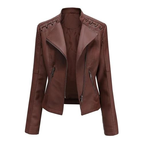 Blouson De Moto Slim En Cuir Pour Femmes-Style Café Court,Tailles S/M Café,M