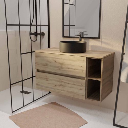 Meuble De Salle De Bains 100cm Timber Décor Chêne 2 Tiroirs Et Module - Vasque Ronde Noire