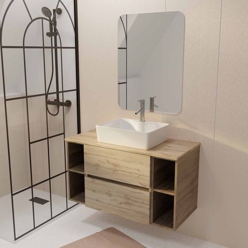 Meuble Salle De Bains 100 Timber Décor Chêne 2 Tiroirs Vasque Blanche Rectangulaire Miroir 60x80