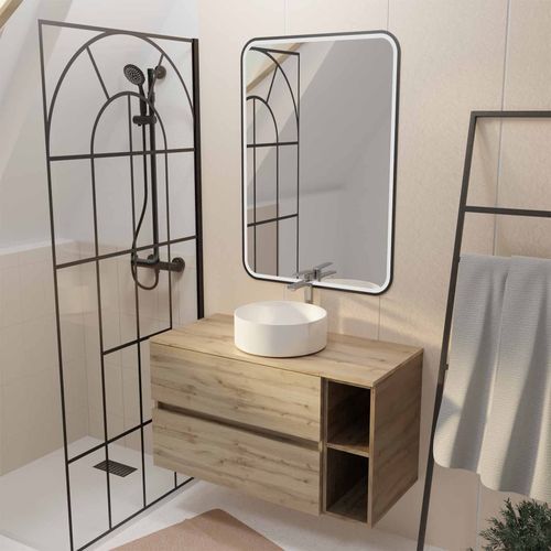 Meuble Salle De Bains 100 Timber Décor Chêne 2 Tiroirs, Vasque Blanche, Miroir 60x80 Led Bord Noir