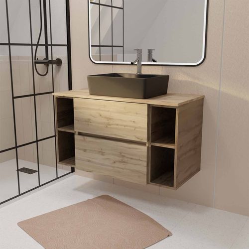 Meuble De Salle De Bains 100cm Timber Décor Chêne 2 Tiroirs - Vasque Rectangulaire Noire