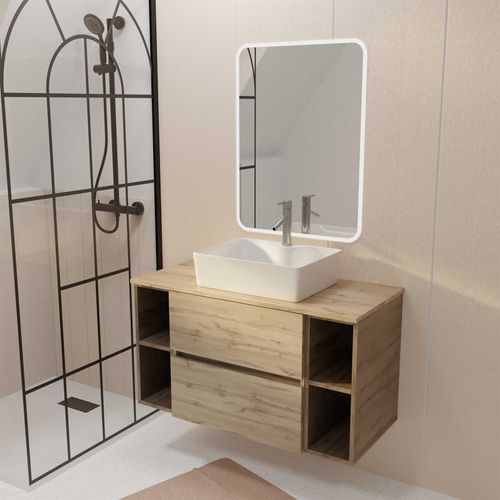 Meuble Salle De Bains 100 Timber Décor Chêne 2 Tiroirs Vasque Blanche Rectangulaire Miroir Led 60x80