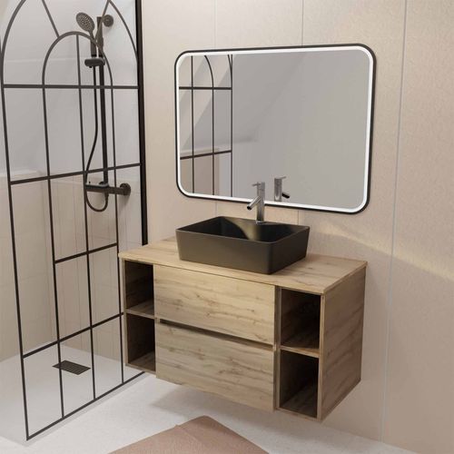 Meuble Salle De Bains 100 Timber Décor Chêne 2 Tiroirs Vasque Noire Rectangulaire Miroir Led Noir