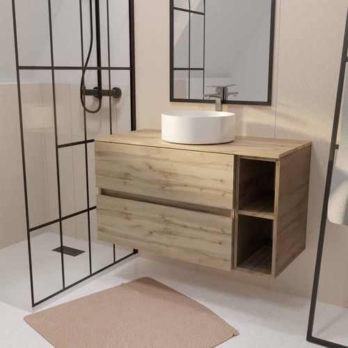 Meuble De Salle De Bains 100cm Timber Décor Chêne 2 Tiroirs Et Module - Vasque Ronde Blanche