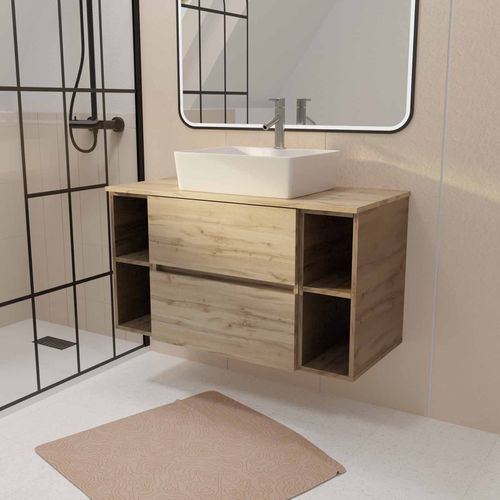 Meuble De Salle De Bains 100cm Timber Décor Chêne 2 Tiroirs - Vasque Rectangulaire Blanche