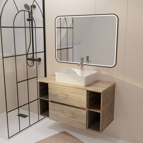 Meuble Salle De Bains 100 Timber Décor Chêne 2 Tiroirs Vasque Blanche Rectangulaire Miroir Led Noir