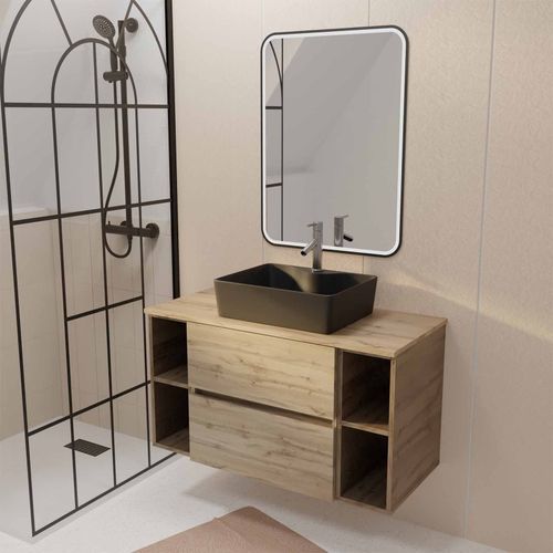 Meuble Salle De Bains 100 Timber Décor Chêne 2 Tiroirs Vasque Noire Rectangulaire Miroir Led 60x80
