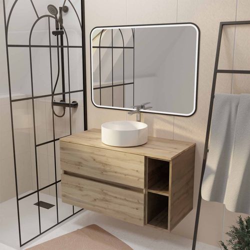 Meuble Salle De Bains 100 Timber Décor Chêne 2 Tiroirs, Vasque Blanche, Miroir 100x70 Led Bord Noir