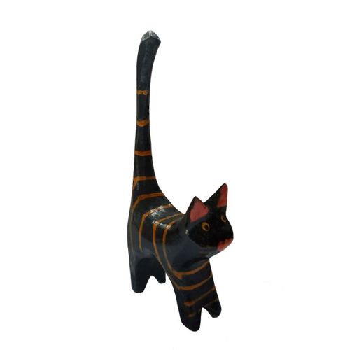 Chat Noir Sculpté En Bois Peint Style Oriental H12 Cm