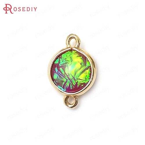 Pendentifs En Laiton Et Résine De Haute Qualité, Couleur Champagne Or, 2 Trous Colorés Style Arc-En-Ciel Rond, Breloques De Connexion, 16x9mm, 10 Pièces