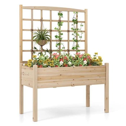 Costway Jardinère Surélevée Sur Pieds Avec Treillis Pour Plantes Grimpantes, Trous De Drainage, Bac À Plantes En Bois, Charge 80 Kg