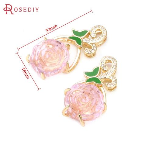 Breloques De Haute Qualité, 33x18mm, Couleur Champagne Or, Laiton Et Verre De Zircon, Fleur De Rose, Pendentifs Pour La Fabrication De Bijoux, Résultats De Bricolage