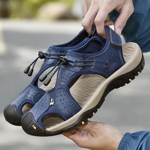 Sandales De Plage Pour Hommes-Grande Taille,Cuir Respirant,Pataugeoire Décontractée-,Taille 45 Bleu Bleu,45