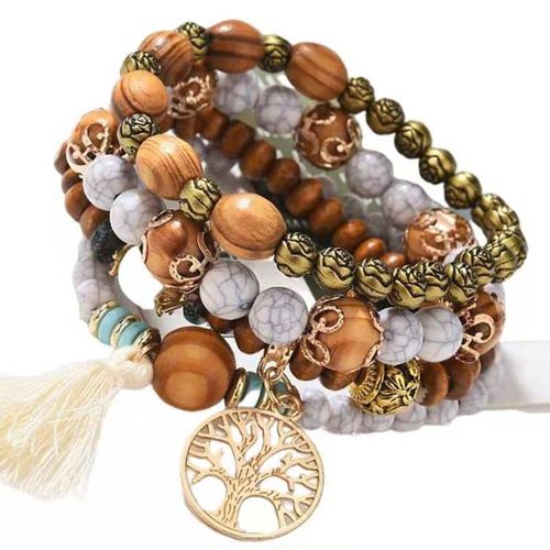 Bracelet Bohème Avec Pompon Pour Femme, Bijoux Multicouches, Perles De Bois, Style Ethnique, Vacances D'été, Accessoires De Fête