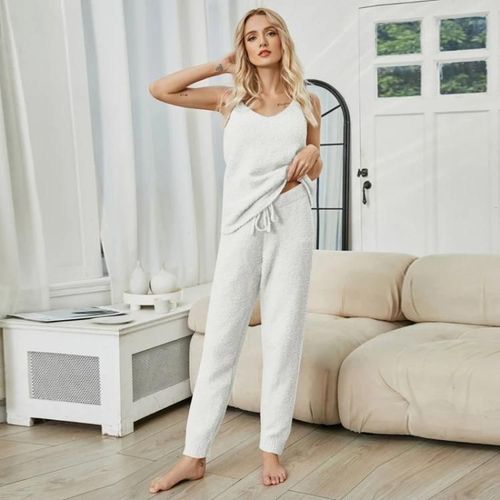 Ensemble De Pyjama Dos Nu Tricoté-Velours De Couleur Unie Home Wear By,L Blanc,L