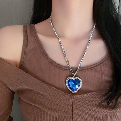 Colliers De La Présidence En Cristal De Coeur Bleu Brillant Pour Femmes, Longs Pendentifs Jopendant, Bijoux De Déclaration