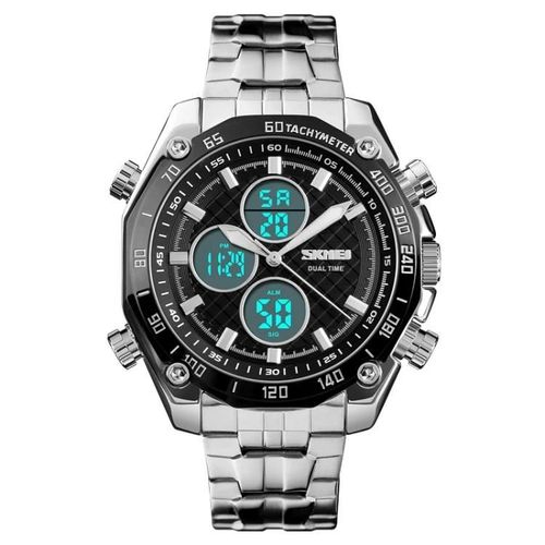 Montre De Sport Numérique-Multifonction Dual-Time,Étanche À 30 M,Bracelet En Acier Inoxydable-Skmei 1302 Argent/Noir Argent+Noir