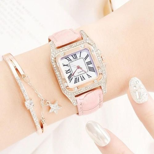 Montre À Quartz À Bracelet Carré Tonneau Pour Femme-Couleur Rose Avec Bracelet