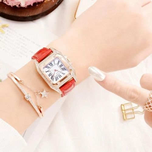 Montre À Quartz À Bracelet Carré Tonneau Pour Femme-Couleur Rouge Avec Bracelet