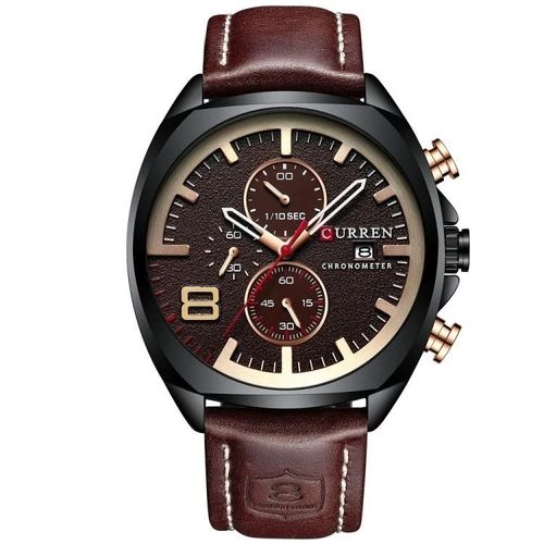 Curren 8324 Bracelet En Cuir À Six Aiguilles Montre Étanche Pour Hommes Avec Calendrier Noir Coquillage Café