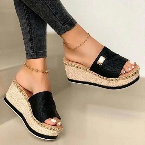 Été Casual Sandales Femmes Chaussures Chanvre Corde Tissé Épais Fond Pente Talon Pantoufles 37 Noir,37
