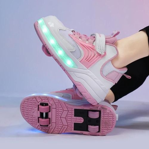 Petites Chaussures De Marche À Quatre Roues Enfants Déformation Lumineuse Chaussures À Roulettes 35 Xf03 Mesh Rose,35